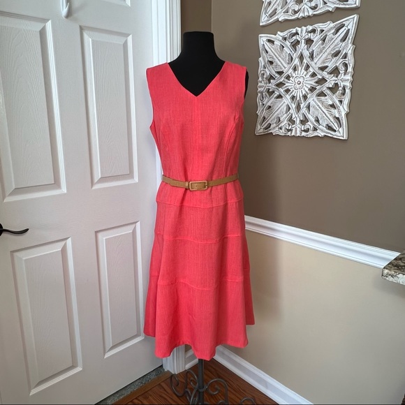 ⭐️ Black Label Evan Picone Sleeveless Belted Coral Dress Size 10 - Picture 3 of 10